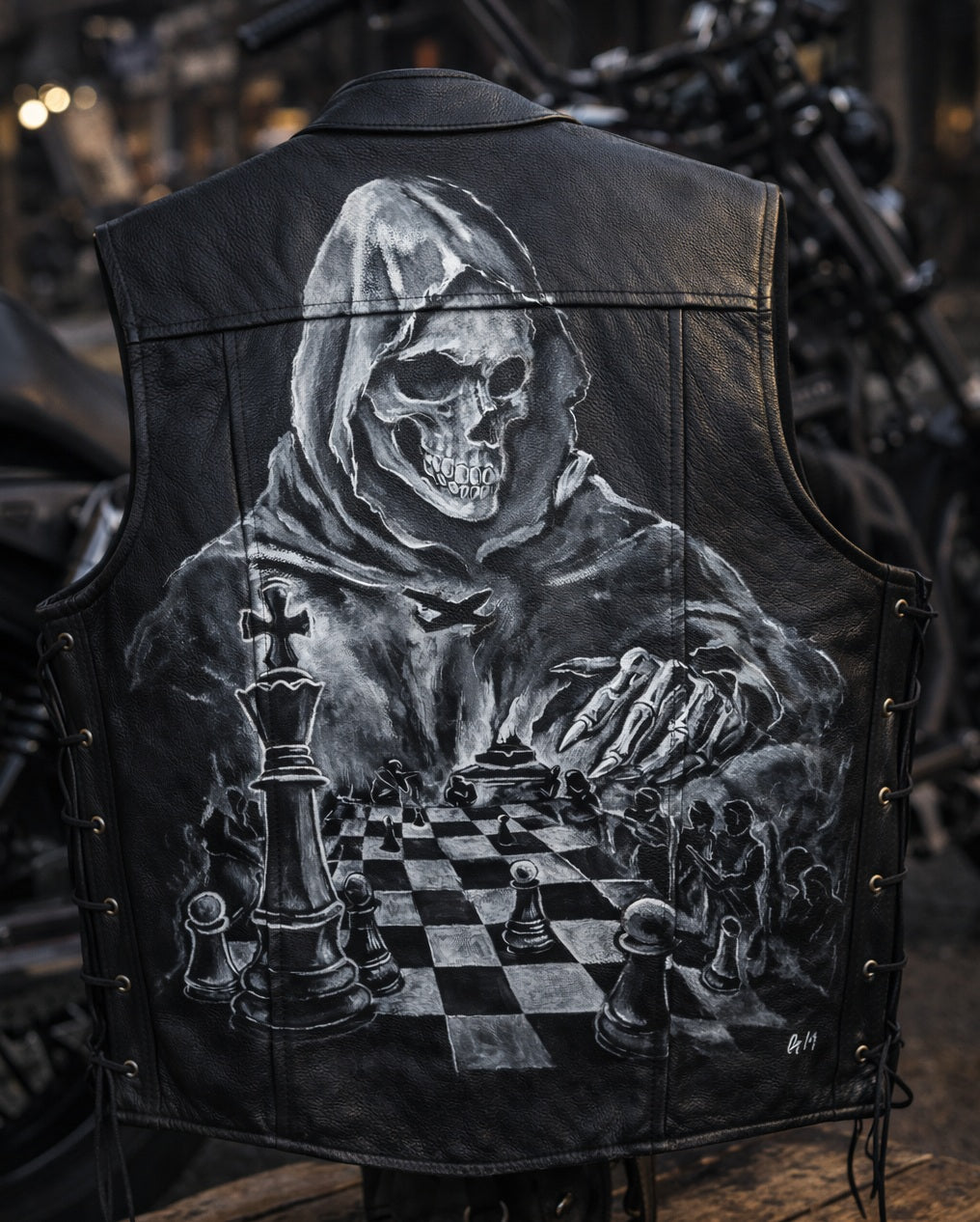 Gilet in Pelle Dipinto a Mano – Grim Chess Edition | Pezzo Unico TG XL