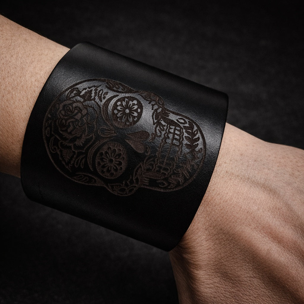 Genuine leather bracelet with laser-etched skull – Made in Italy – Handcrafted
