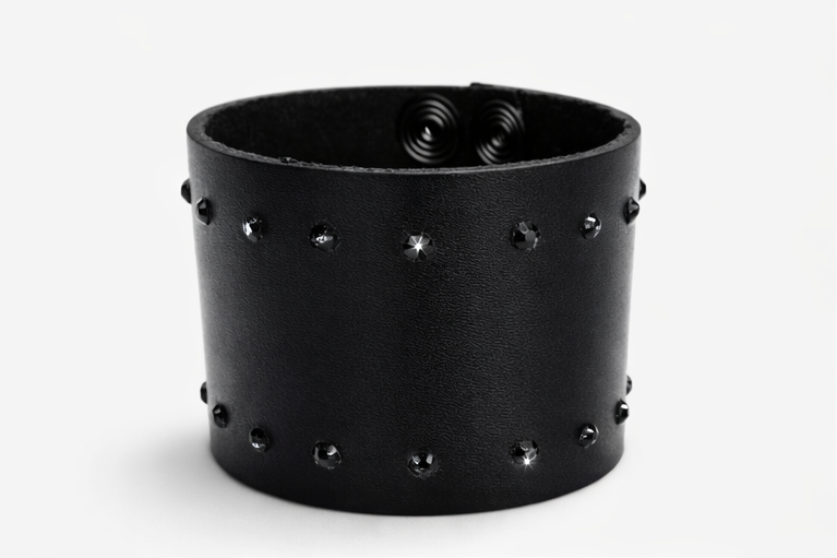 Black Studded Leather Cuff with Swarovski Crystals