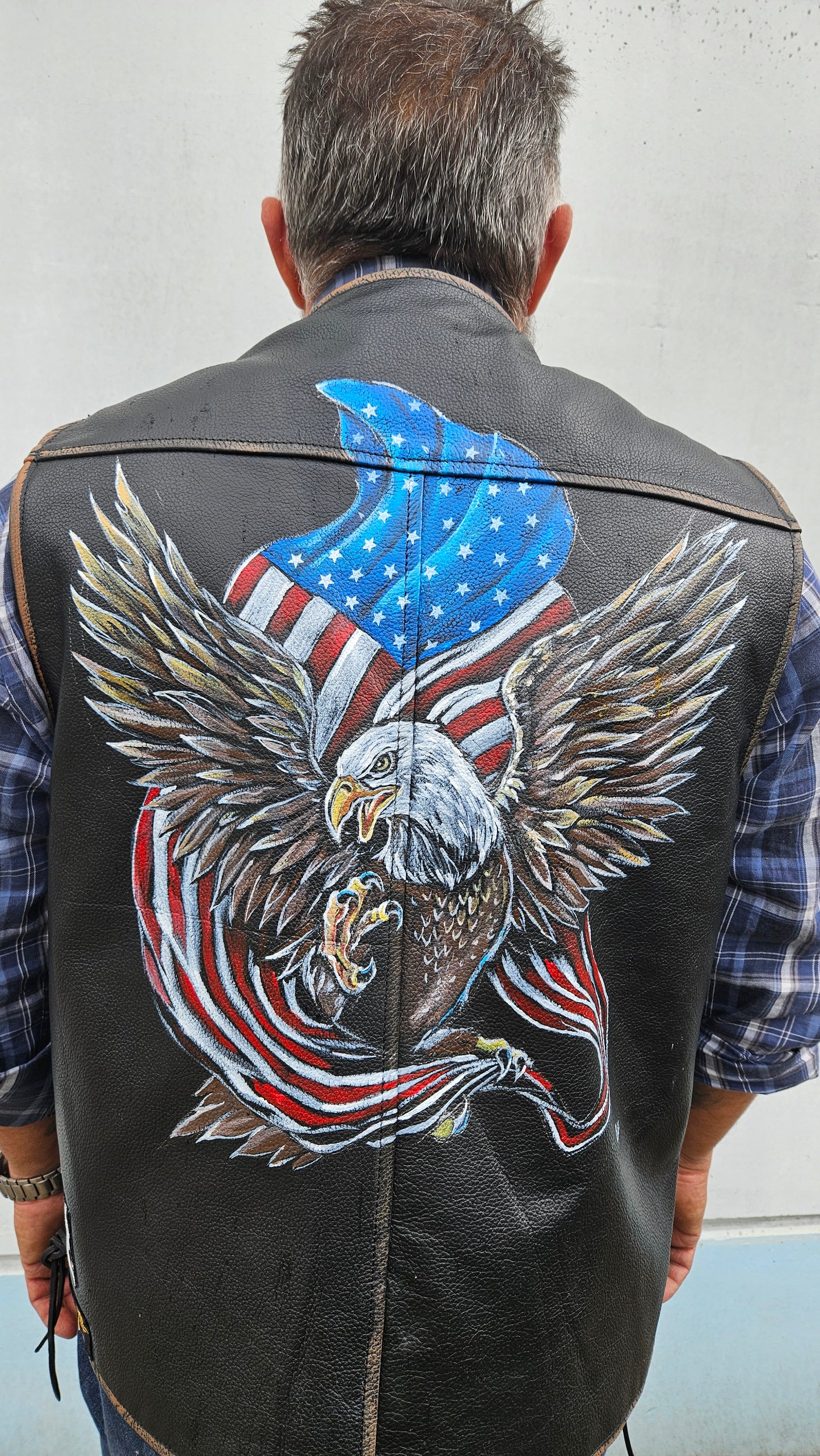 Gilet in Vera Pelle nera con dipinto a mano AQUILA con bandera americana size 2 XXL