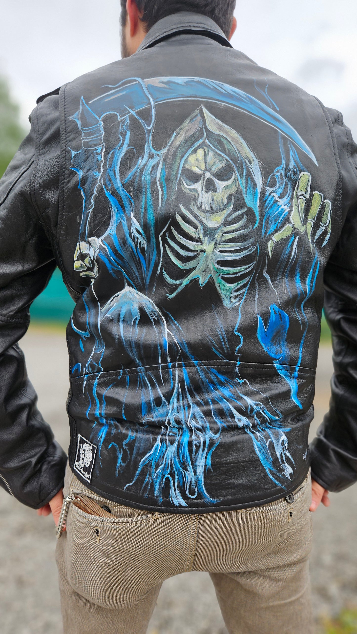 Giacca in Vera Pelle nera con dipinto a mano ANGELO della MORTE size M