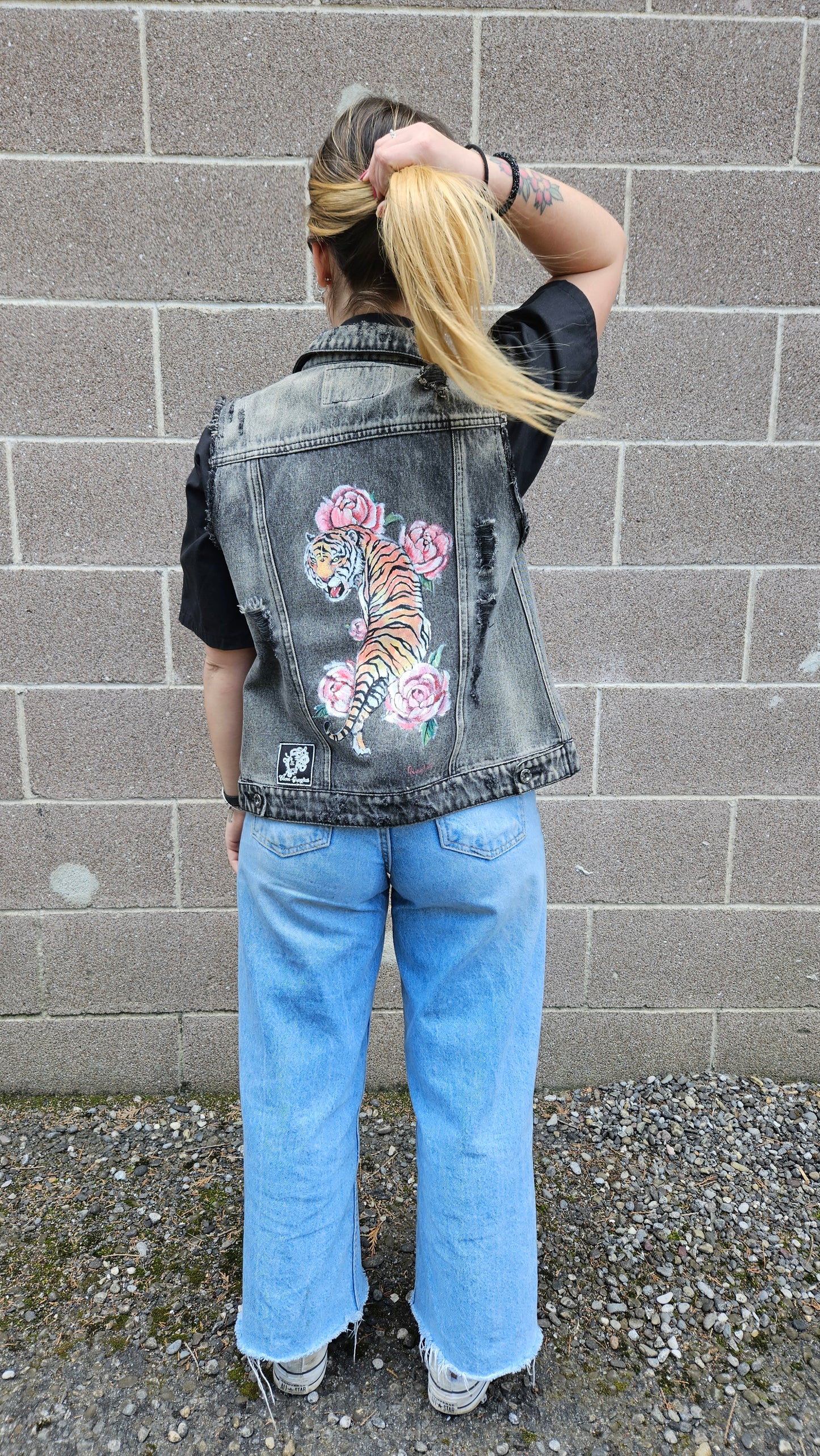 Gilet in Vera jeans con dipinto a mano TIGRE