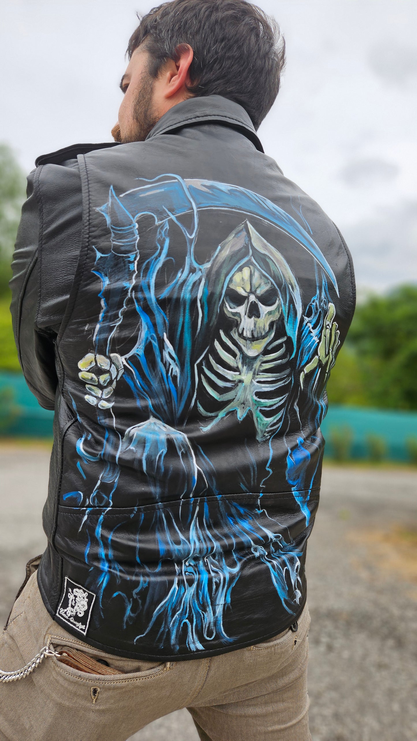 Giacca in Vera Pelle nera con dipinto a mano ANGELO della MORTE size M