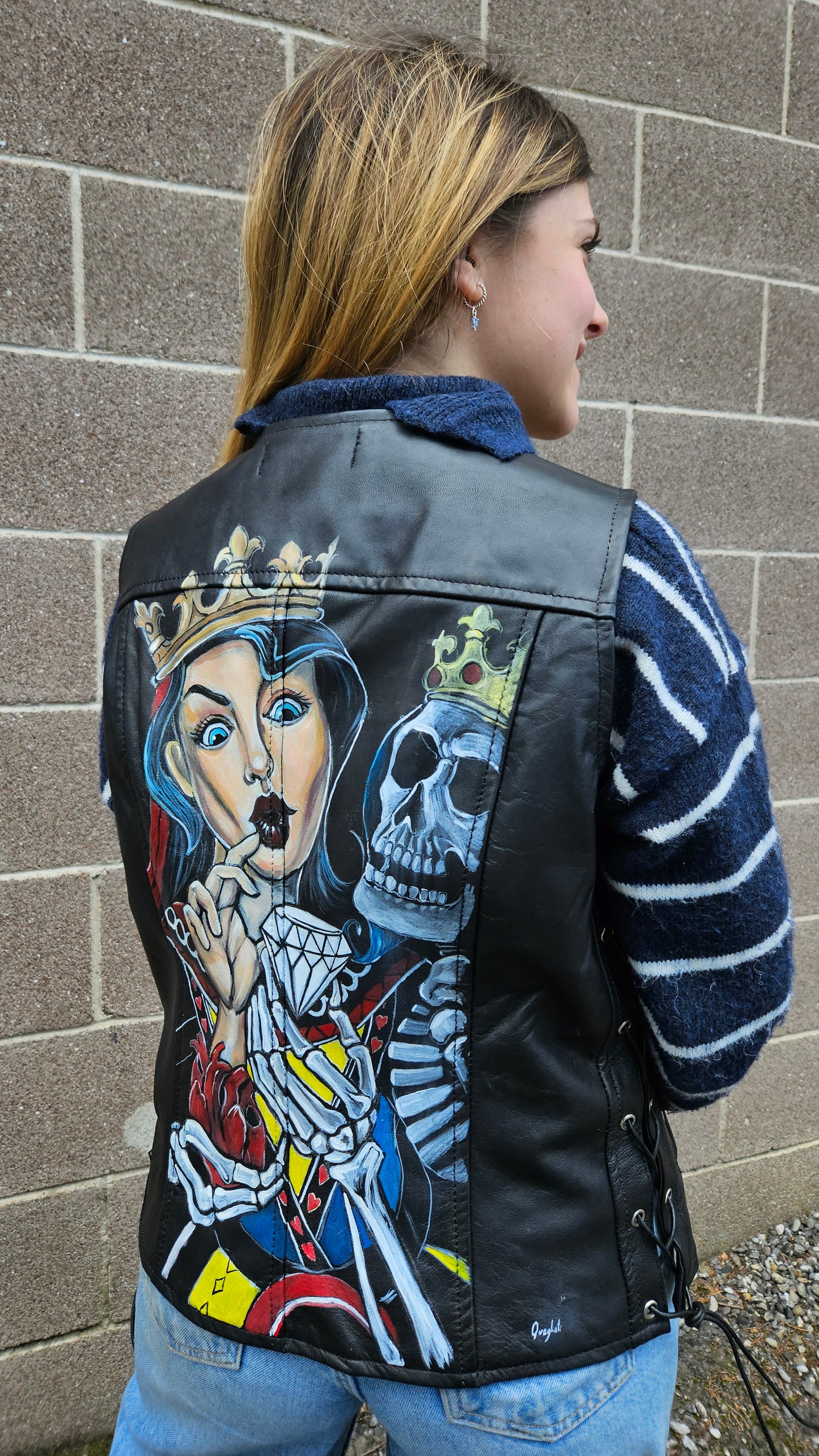 Black genuine leather vest with hand painted QUEEN OF HEARTS size XL