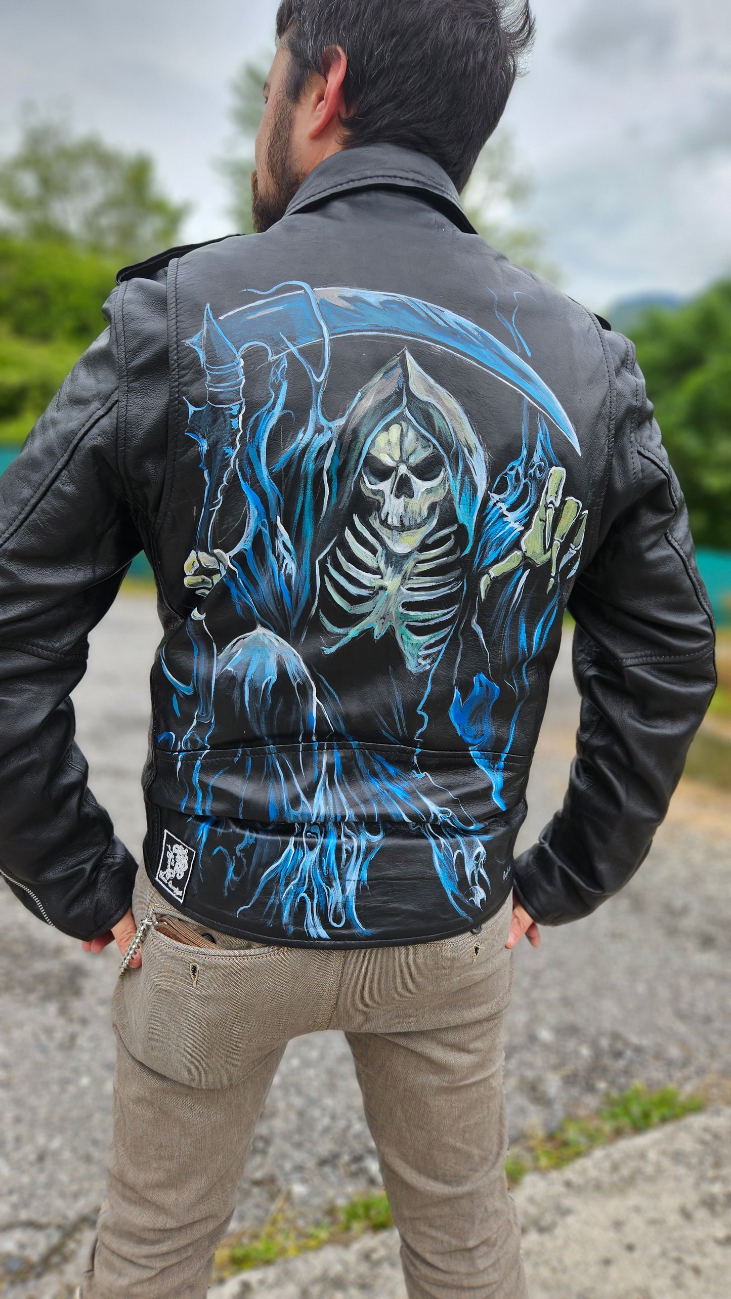 Giacca in Vera Pelle nera con dipinto a mano ANGELO della MORTE size M
