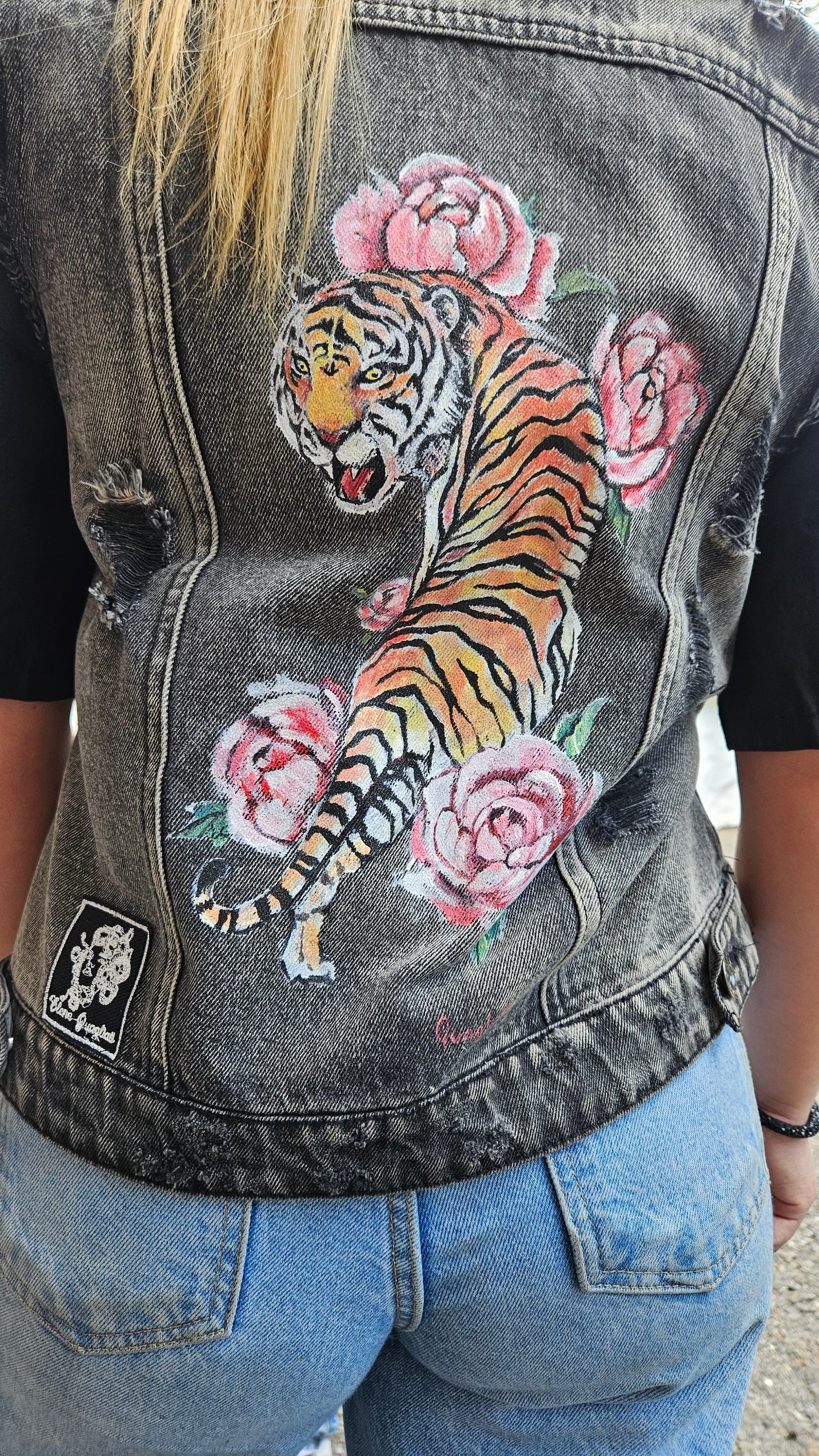Gilet in Vera jeans con dipinto a mano TIGRE