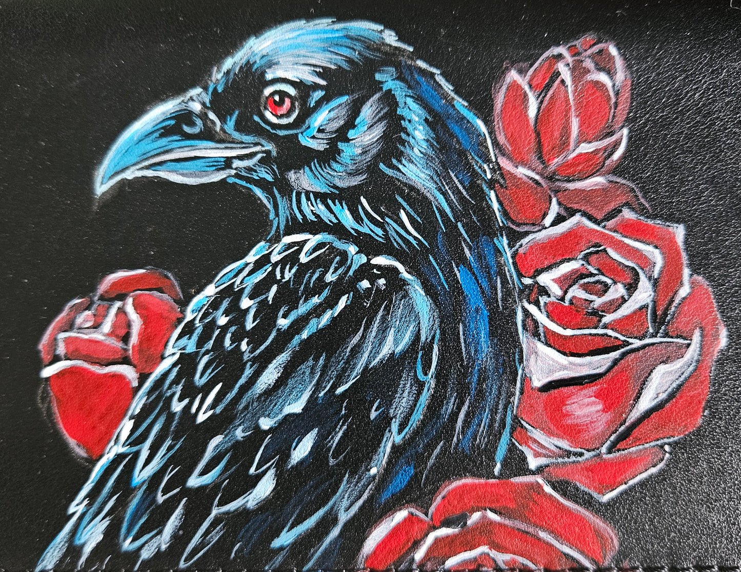 portafoglio in vera pelle dipinto a mano 'corvo con rose'
