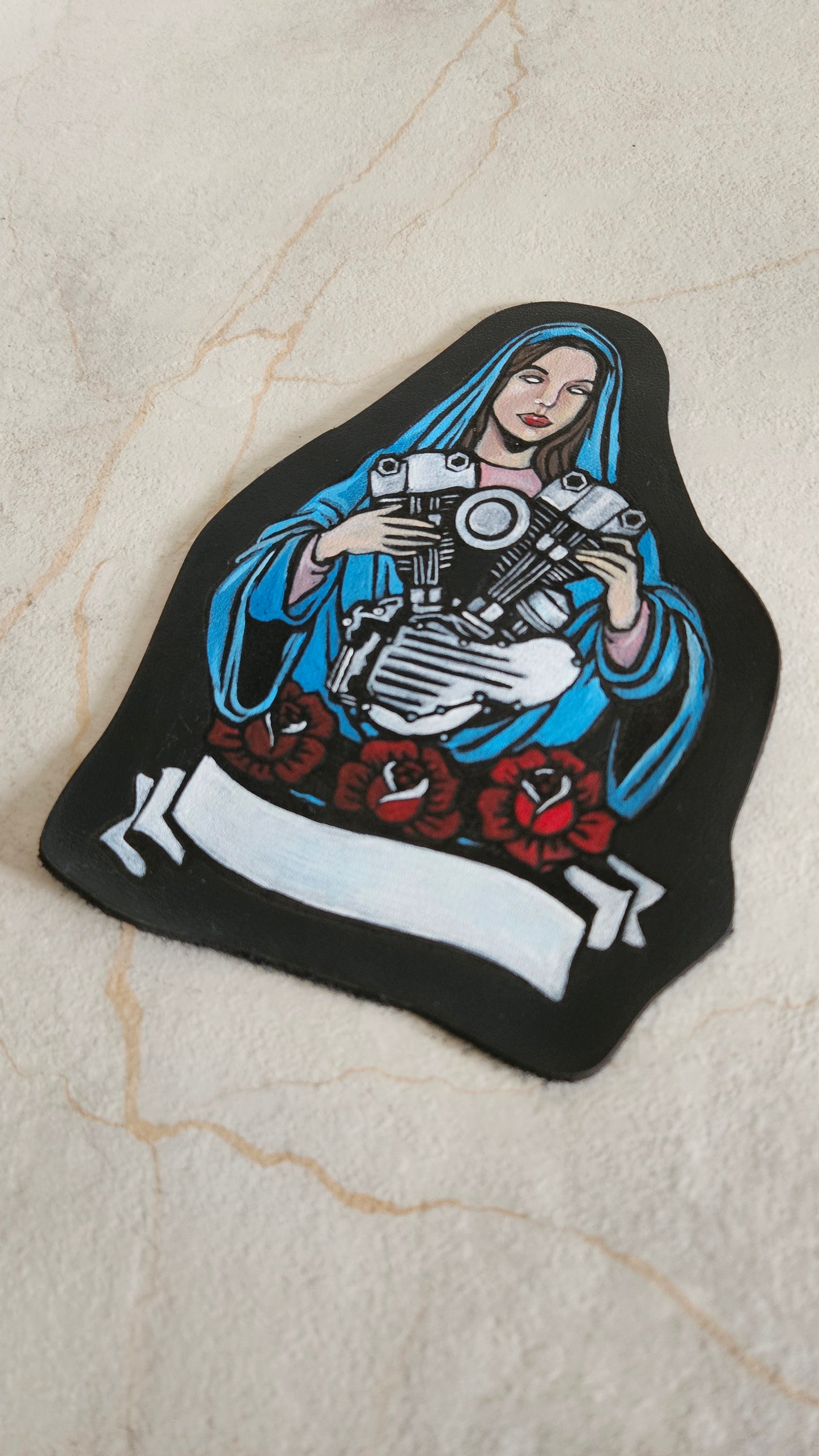 Patch in vera pelle dipinta a mano MADONNA CON MOTORE