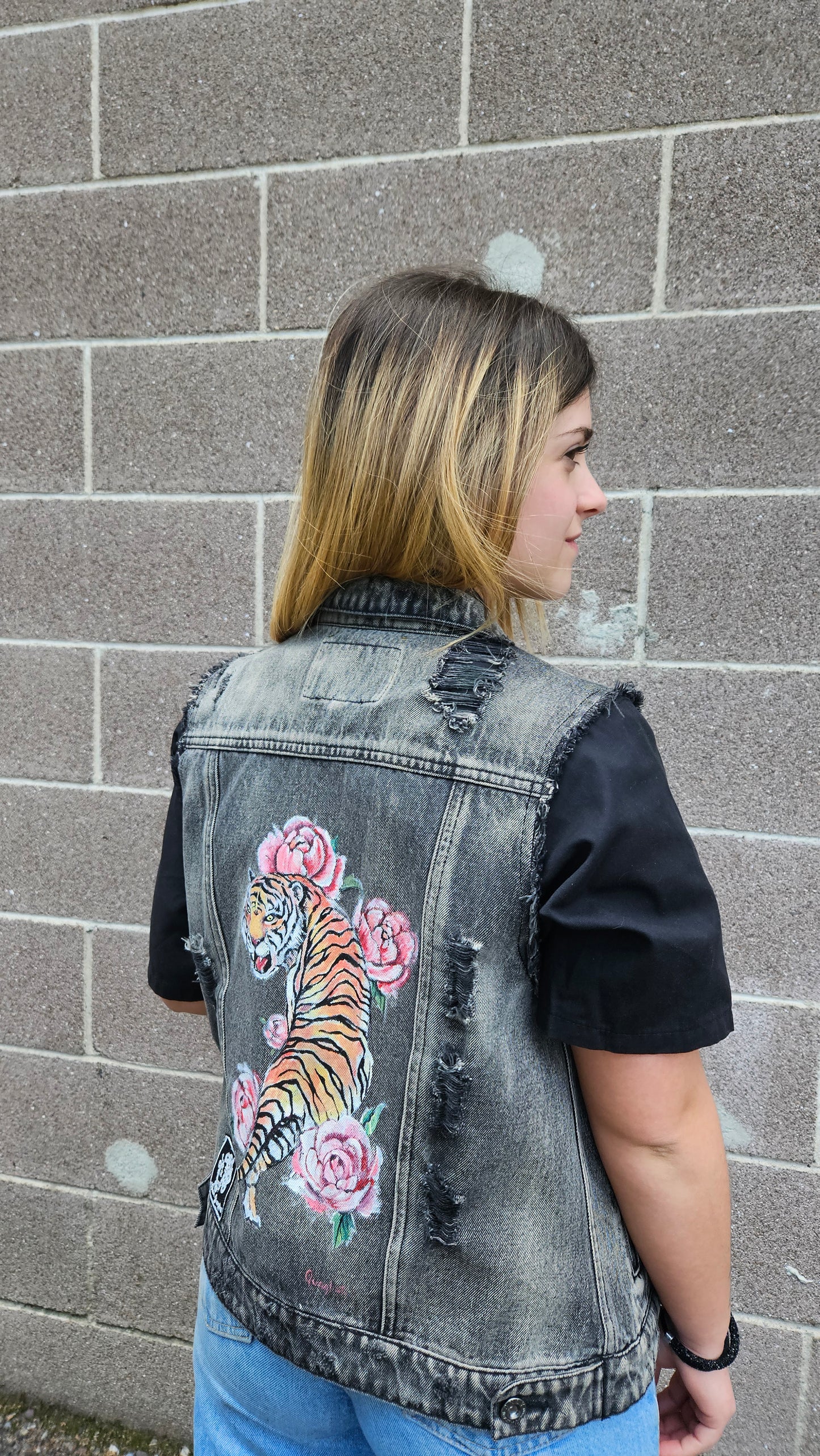 Gilet in Vera jeans con dipinto a mano TIGRE