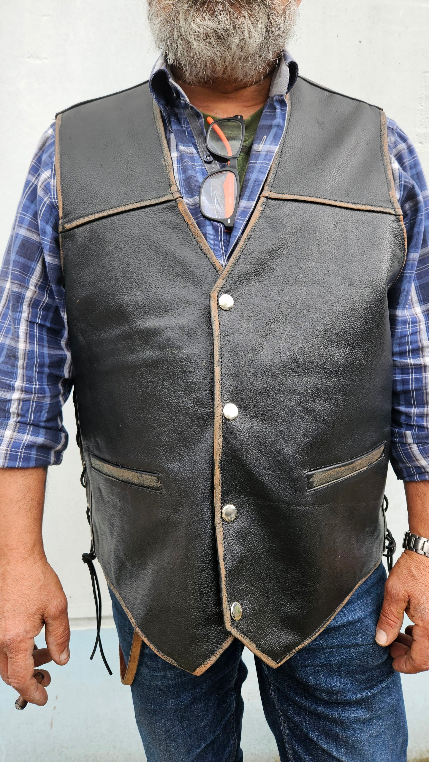 Gilet in Vera Pelle nera con dipinto a mano AQUILA con bandera americana size 2 XXL