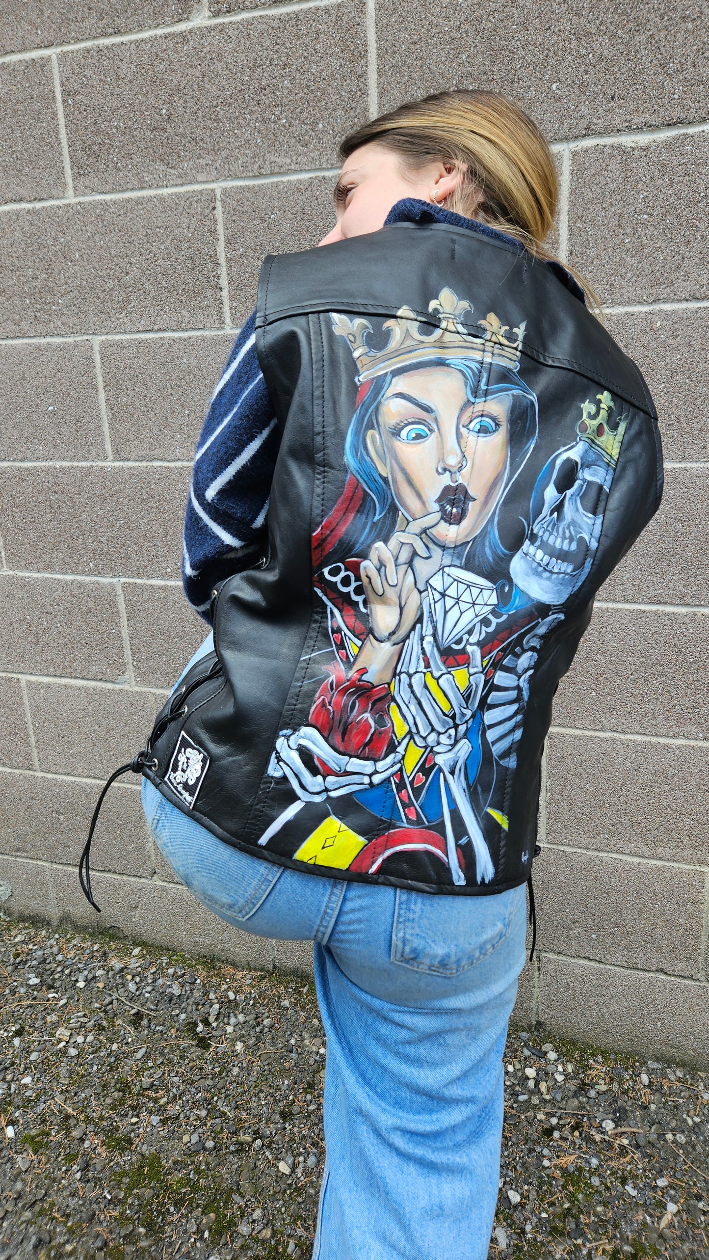 Black genuine leather vest with hand painted QUEEN OF HEARTS size XL