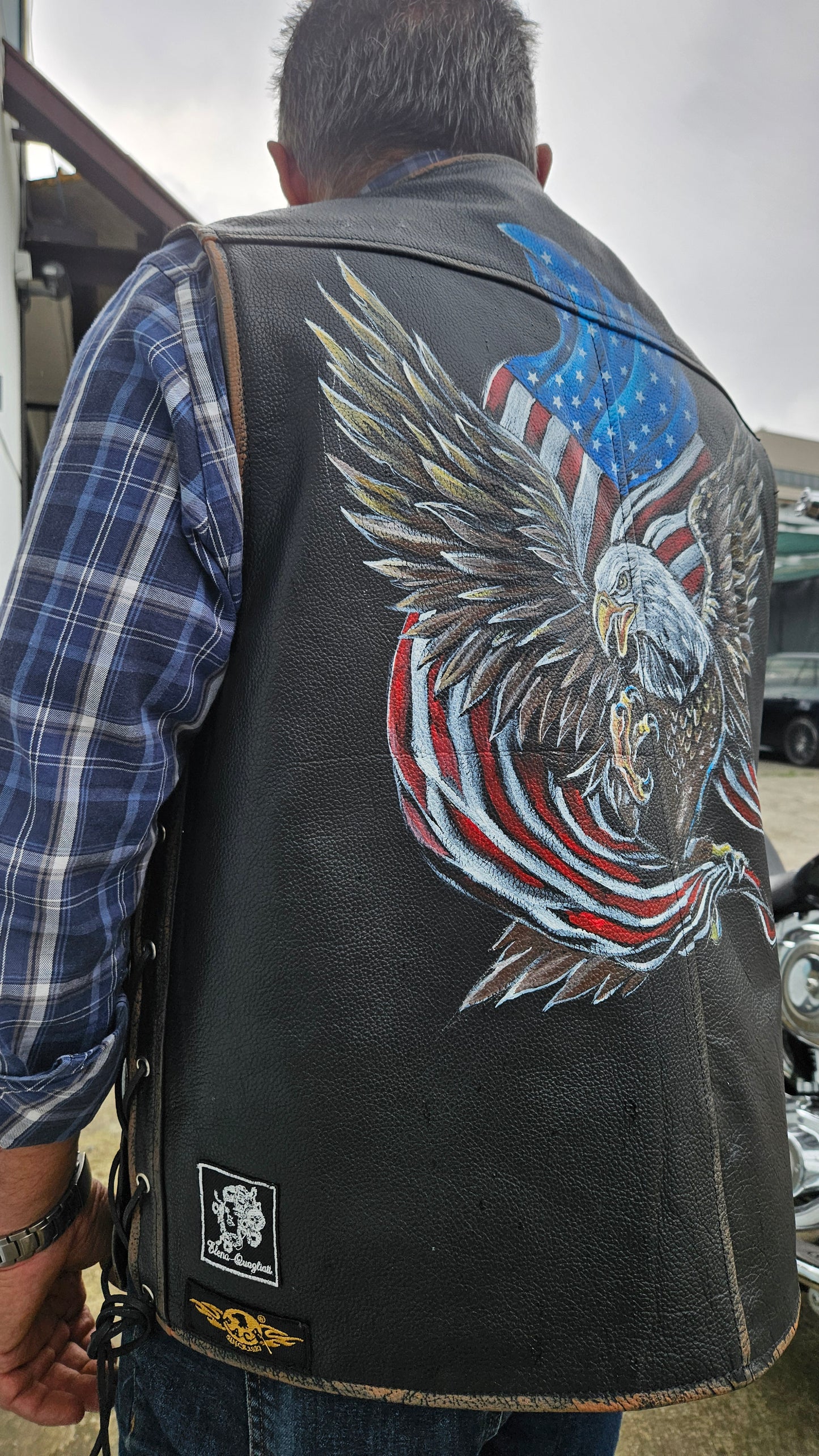 Gilet in Vera Pelle nera con dipinto a mano AQUILA con bandera americana size 2 XXL