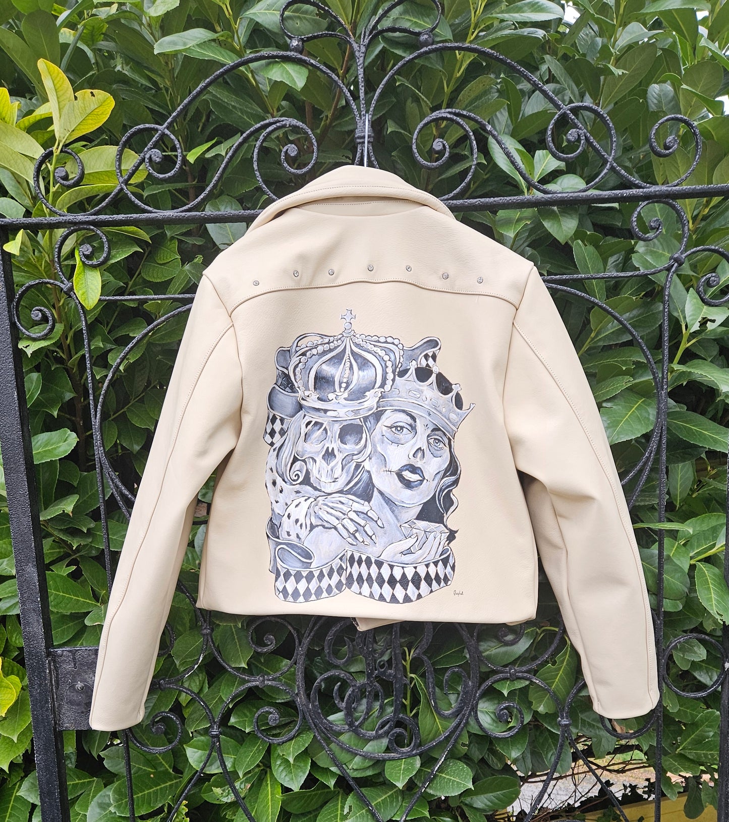 Hand-Painted Genuine Leather Jacket with Swarovski – Skull & Queen | Made in Italy | One of a Kind
