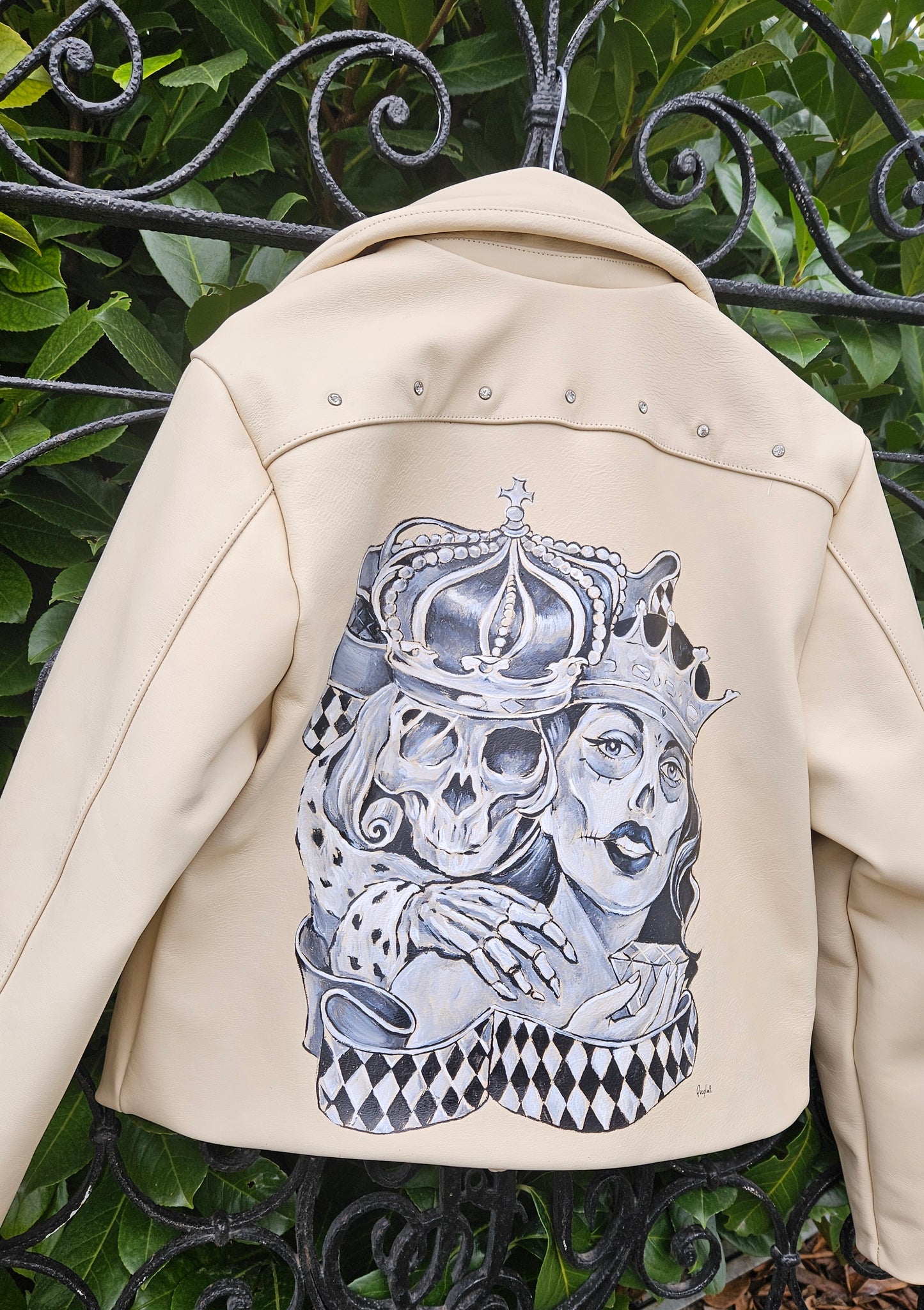 Hand-Painted Genuine Leather Jacket with Swarovski – Skull & Queen | Made in Italy | One of a Kind