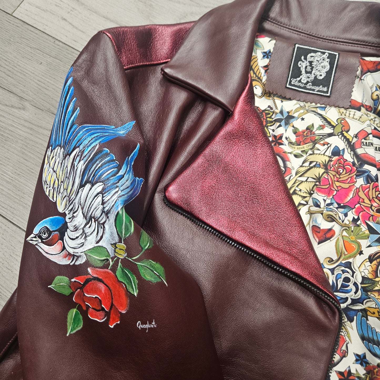 Giacca Biker in Pelle Dipinta a Mano – Pezzo Unico Bordeaux  Opzione Luxury –  | Made in Italy |