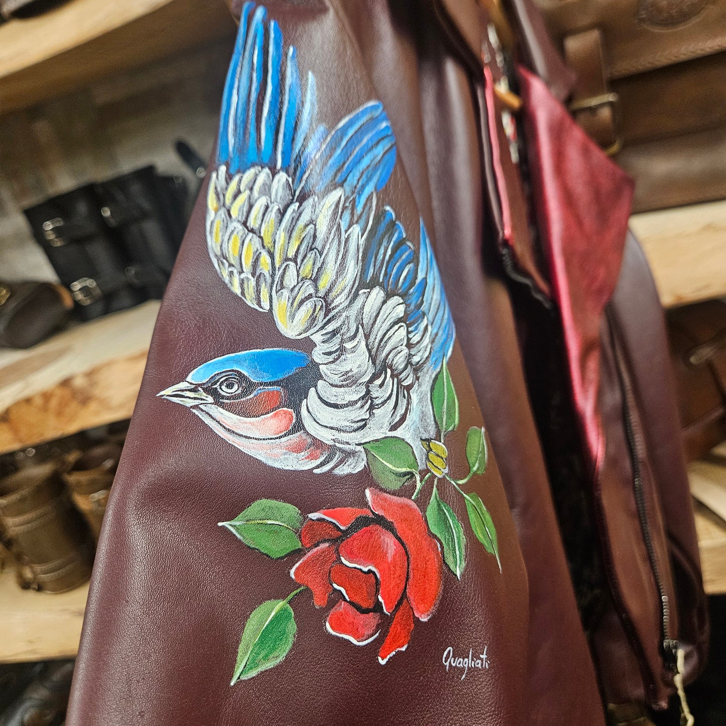 Giacca Biker in Pelle Dipinta a Mano – Pezzo Unico Bordeaux  Opzione Luxury –  | Made in Italy |