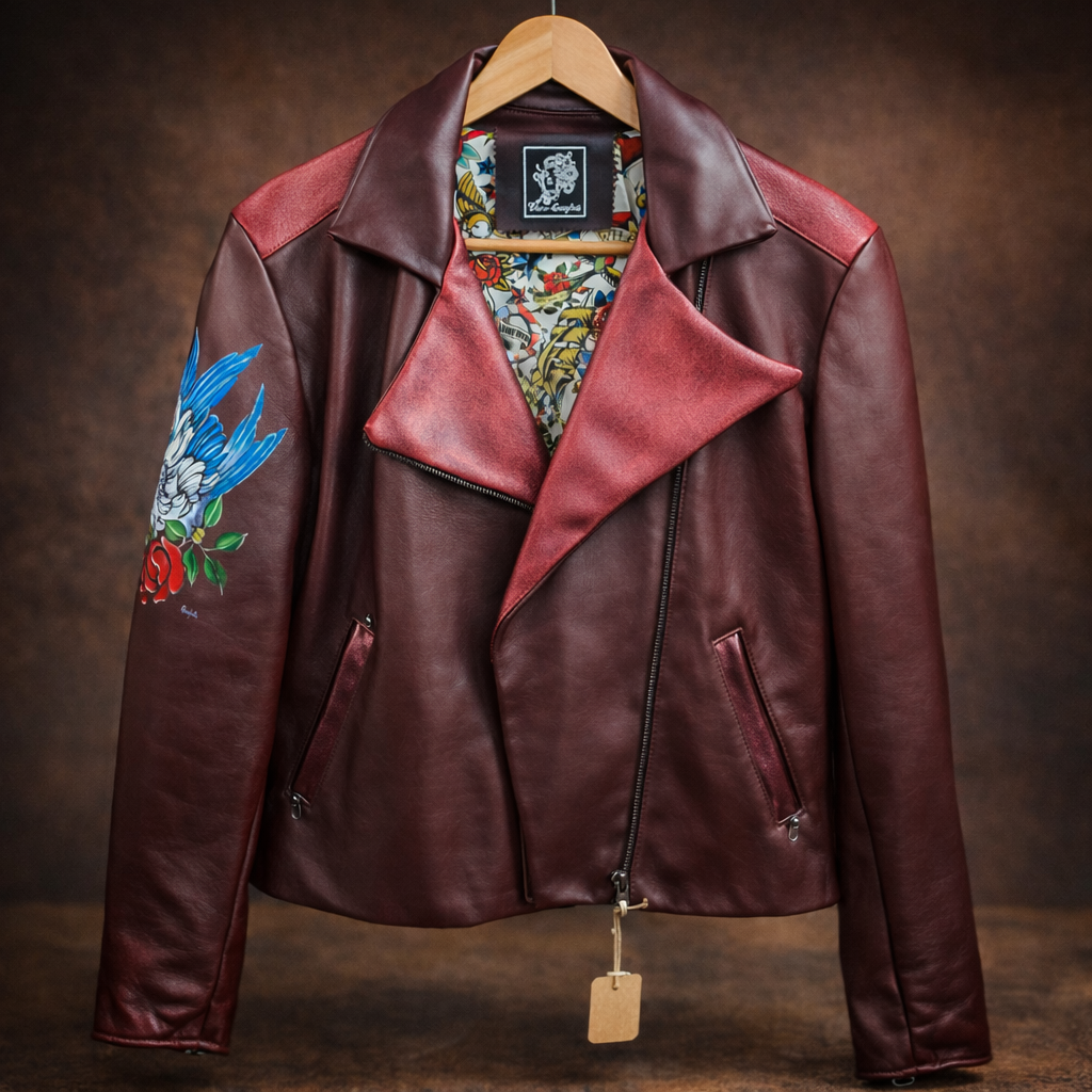 Giacca Biker in Pelle Dipinta a Mano – Pezzo Unico Bordeaux  Opzione Luxury –  | Made in Italy |