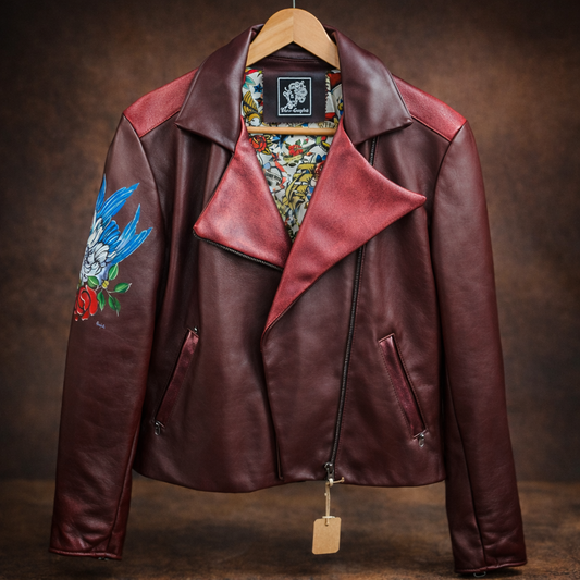 Giacca Biker in Pelle Dipinta a Mano – Pezzo Unico Bordeaux  Opzione Luxury –  | Made in Italy |