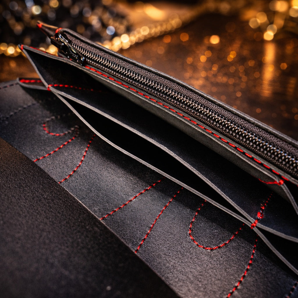 Echtleder Portemonnaie handbemalt 'Krähe mit Rosen'