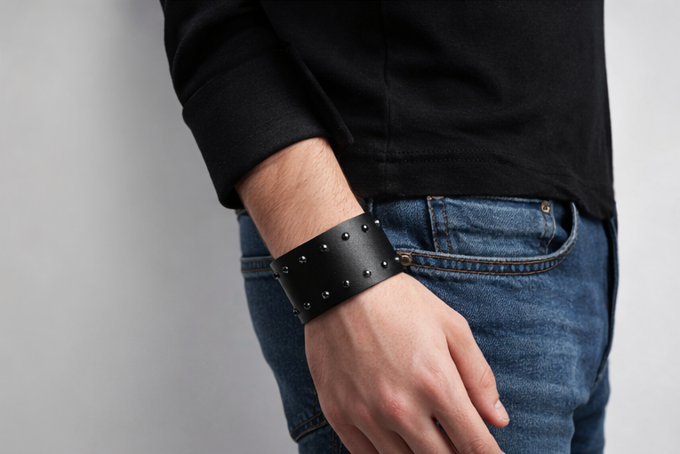 Black Studded Leather Cuff with Swarovski Crystals