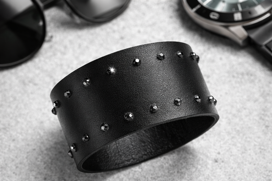 Black Studded Leather Cuff with Swarovski Crystals