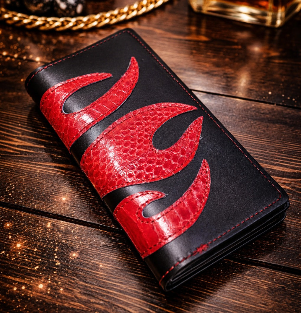 Echtleder Portemonnaie handbemalt 'Krähe mit Rosen'