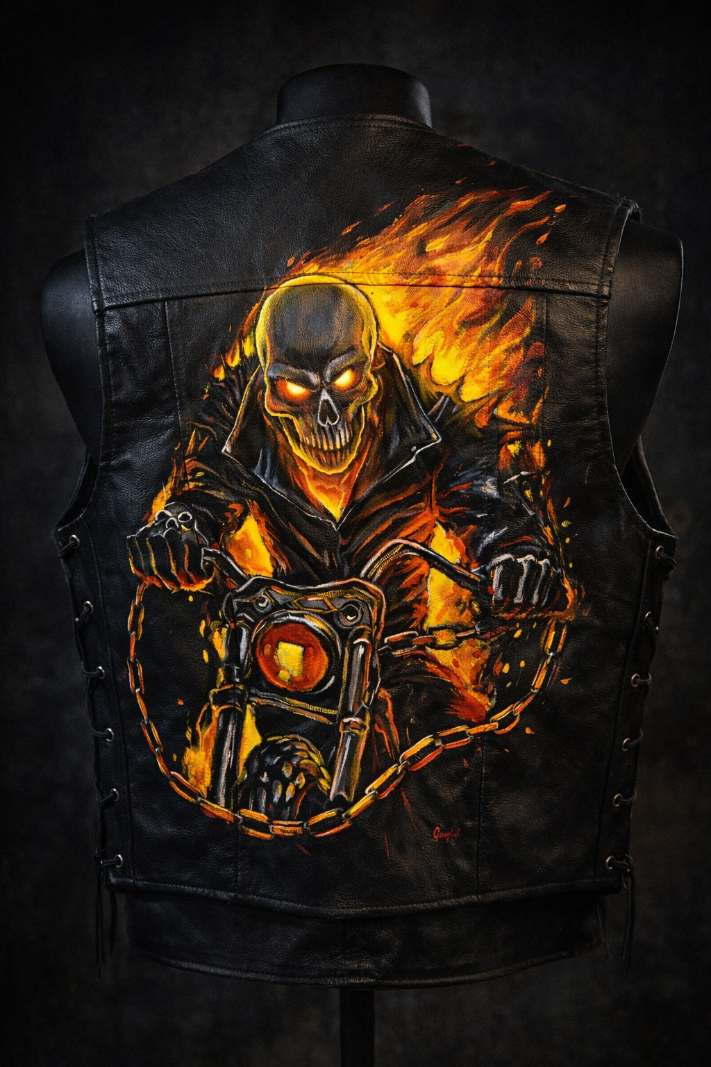 Gilet Biker Ghost Rider in Pelle – Dipinto a Mano | Custom Motorcycle Style TG M