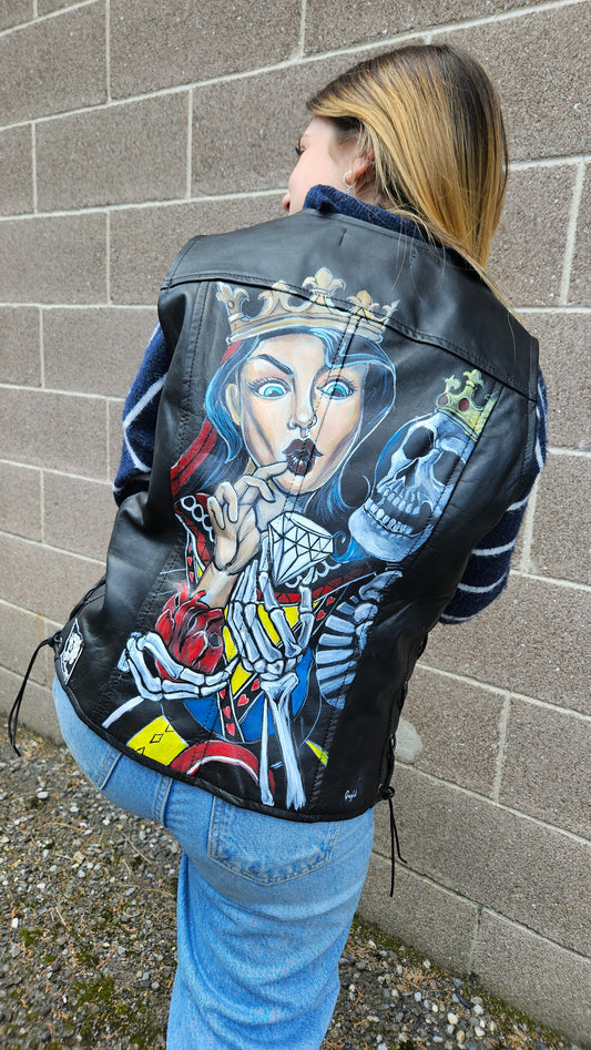 Black genuine leather vest with hand painted QUEEN OF HEARTS size XL