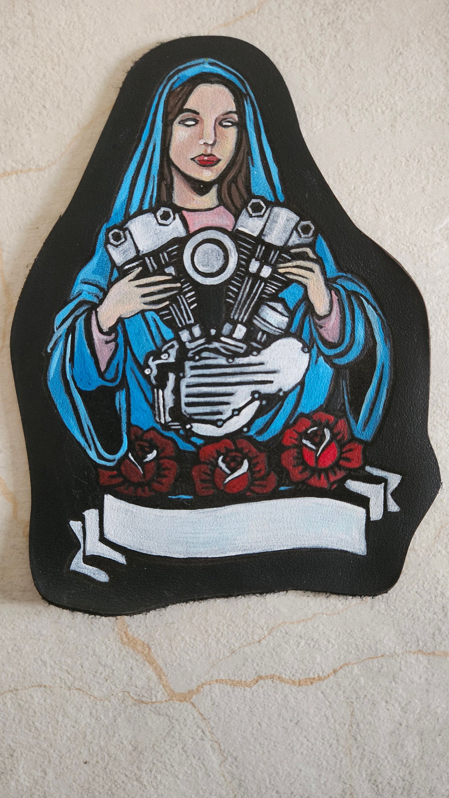 Hand-painted genuine leather patch MADONNA WITH ENGINE