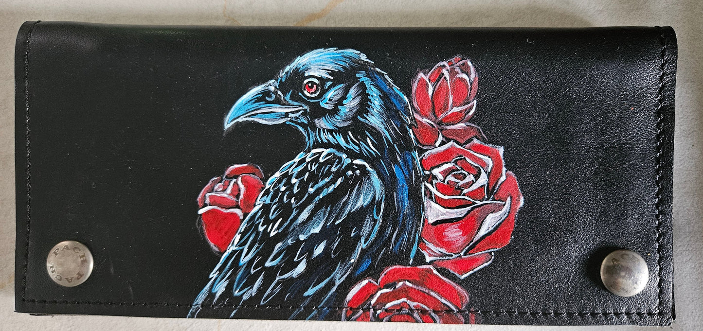 genuine leather wallet hand painted 'crow with roses'