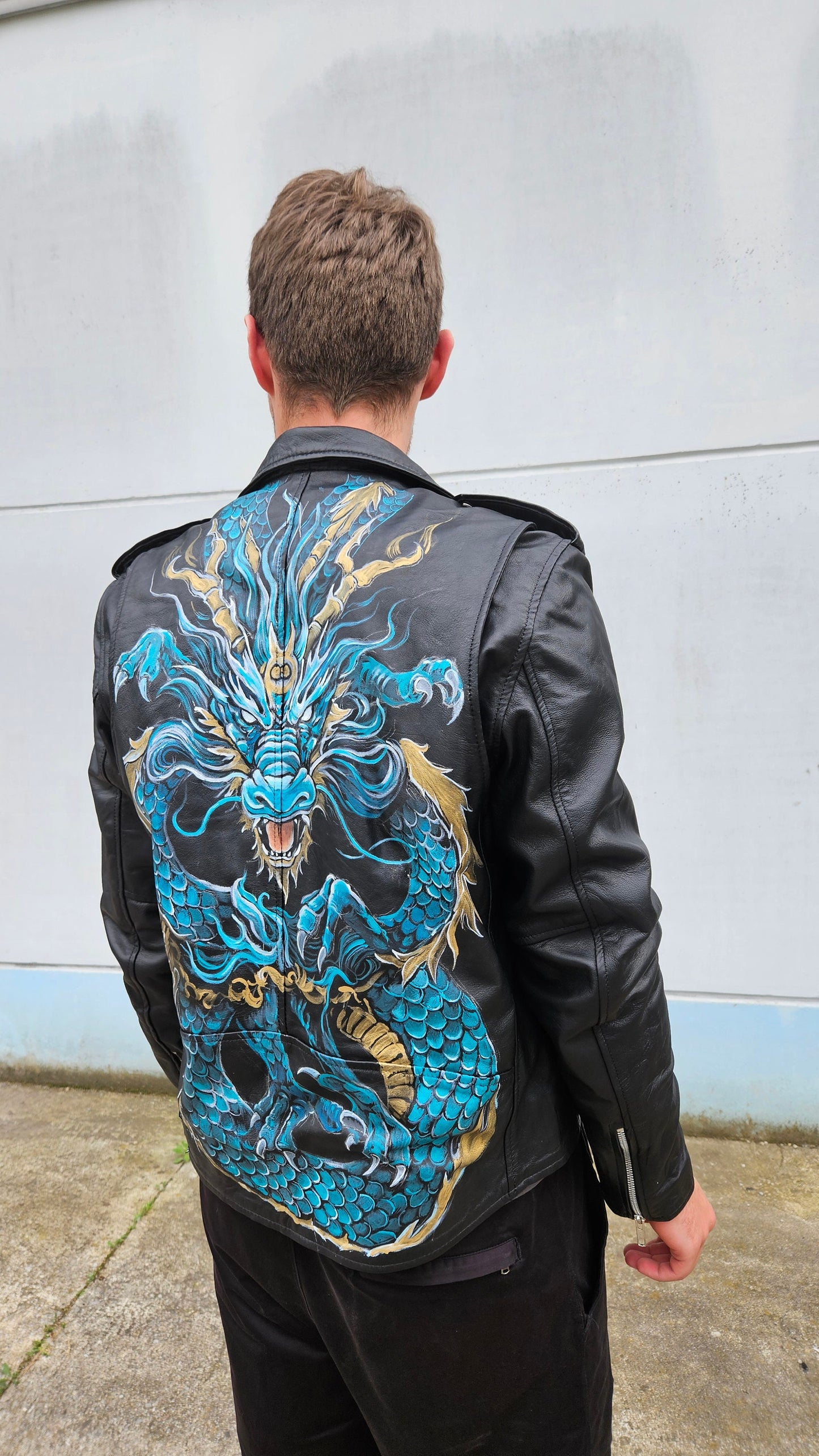 Black genuine leather jacket with hand painted DRAGON size XL