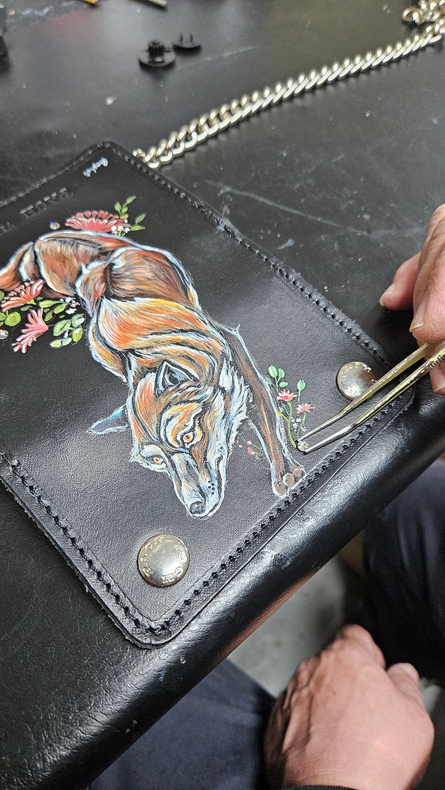 wallet in genuine leather hand painted FOX with SWAROVSKI