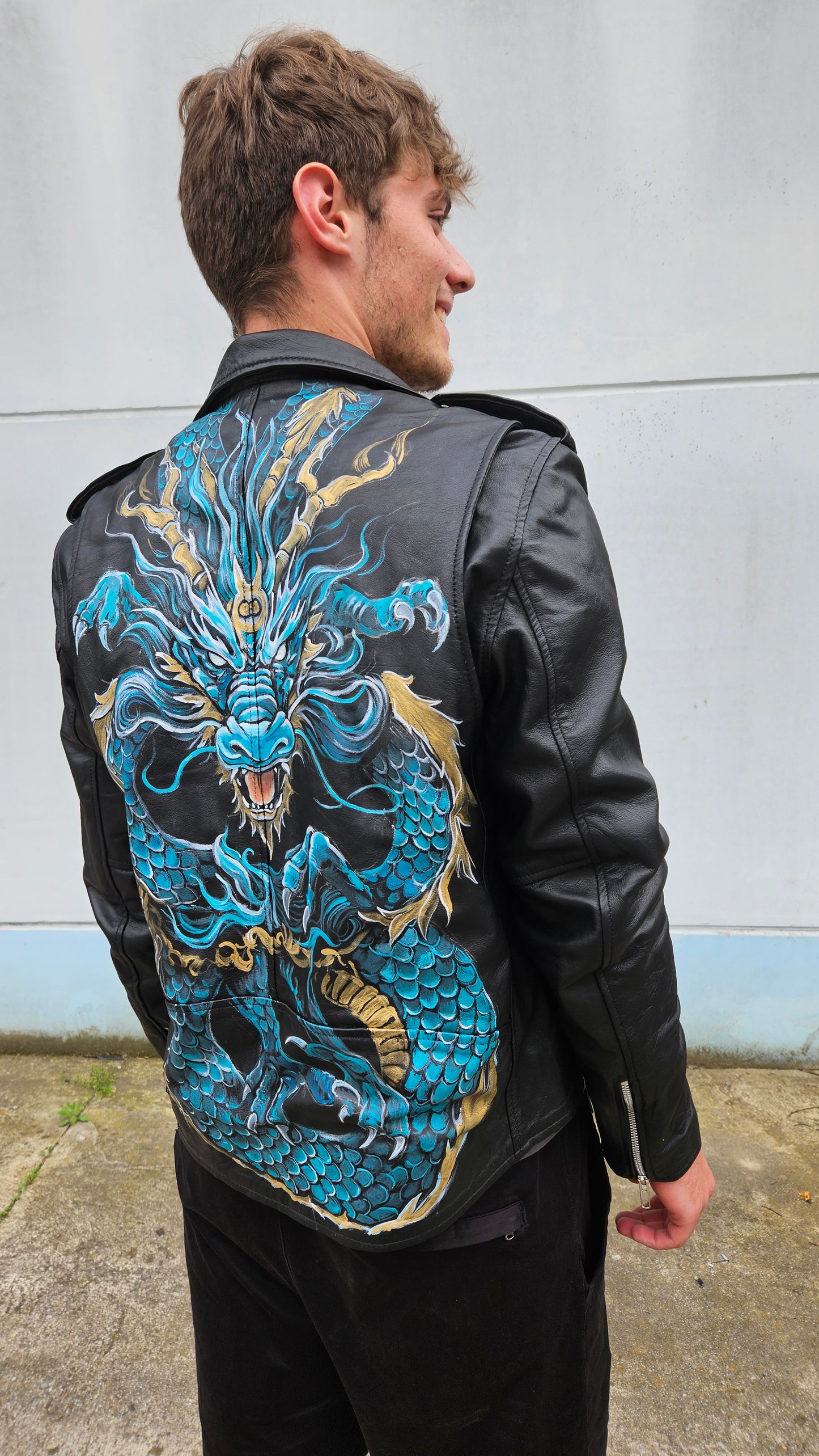 Black genuine leather jacket with hand painted DRAGON size XL