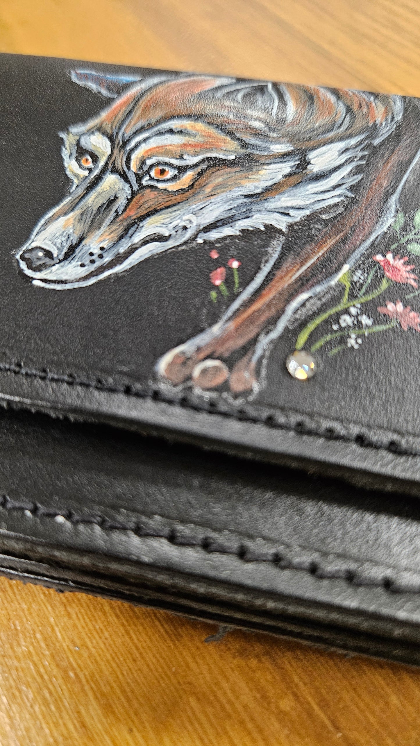 wallet in genuine leather hand painted FOX with SWAROVSKI