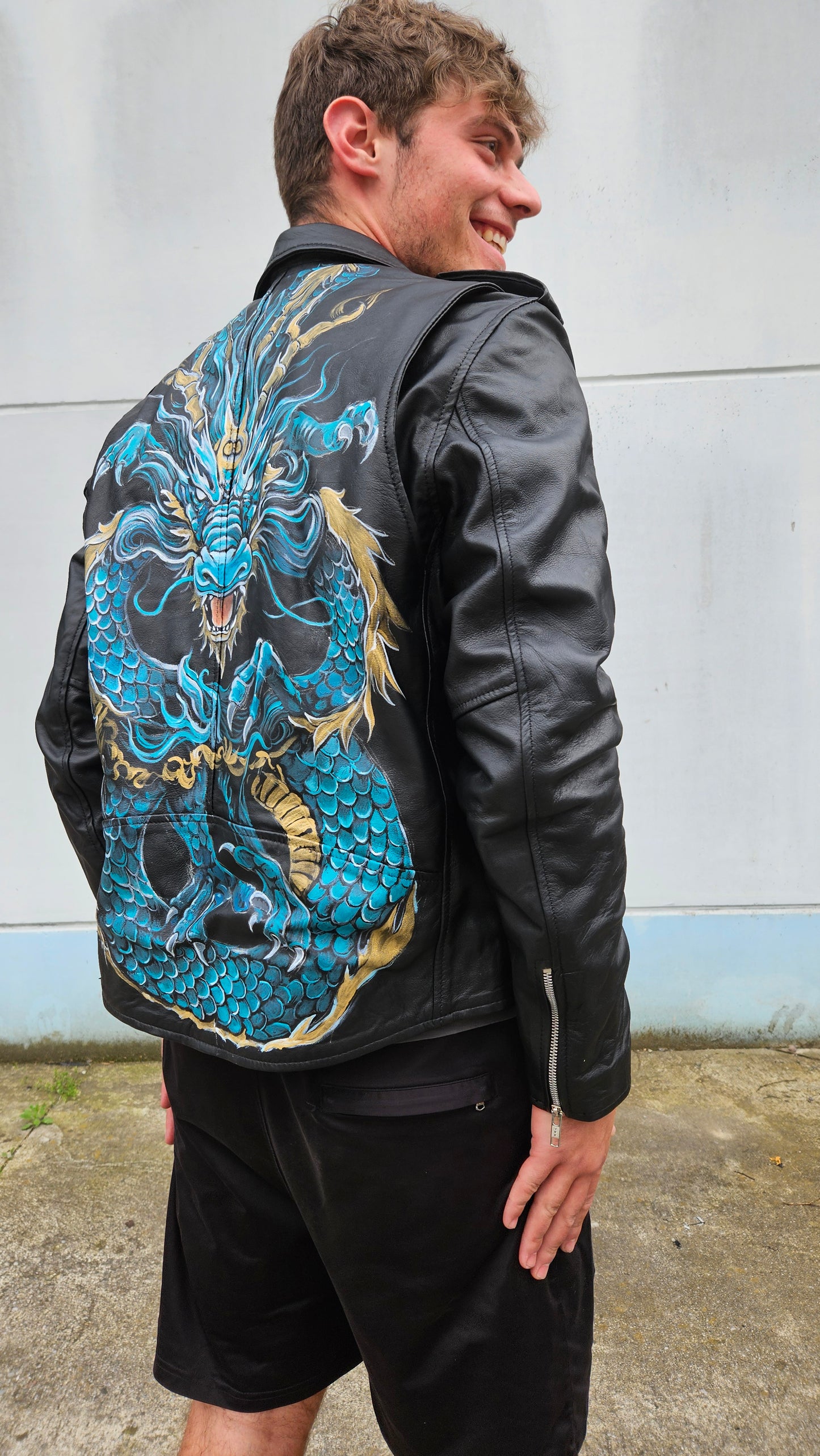 Black genuine leather jacket with hand painted DRAGON size XL