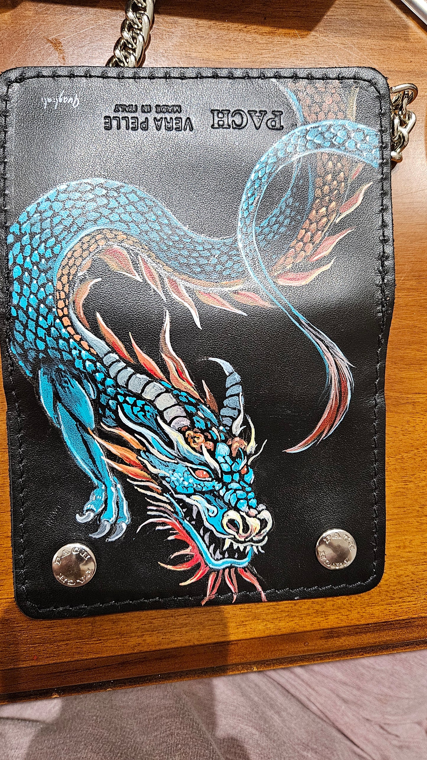 wallet in genuine leather hand painted DRAGON