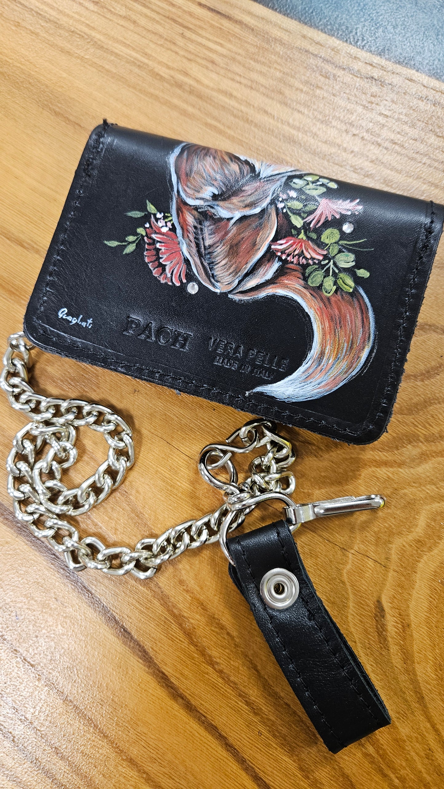 wallet in genuine leather hand painted FOX with SWAROVSKI