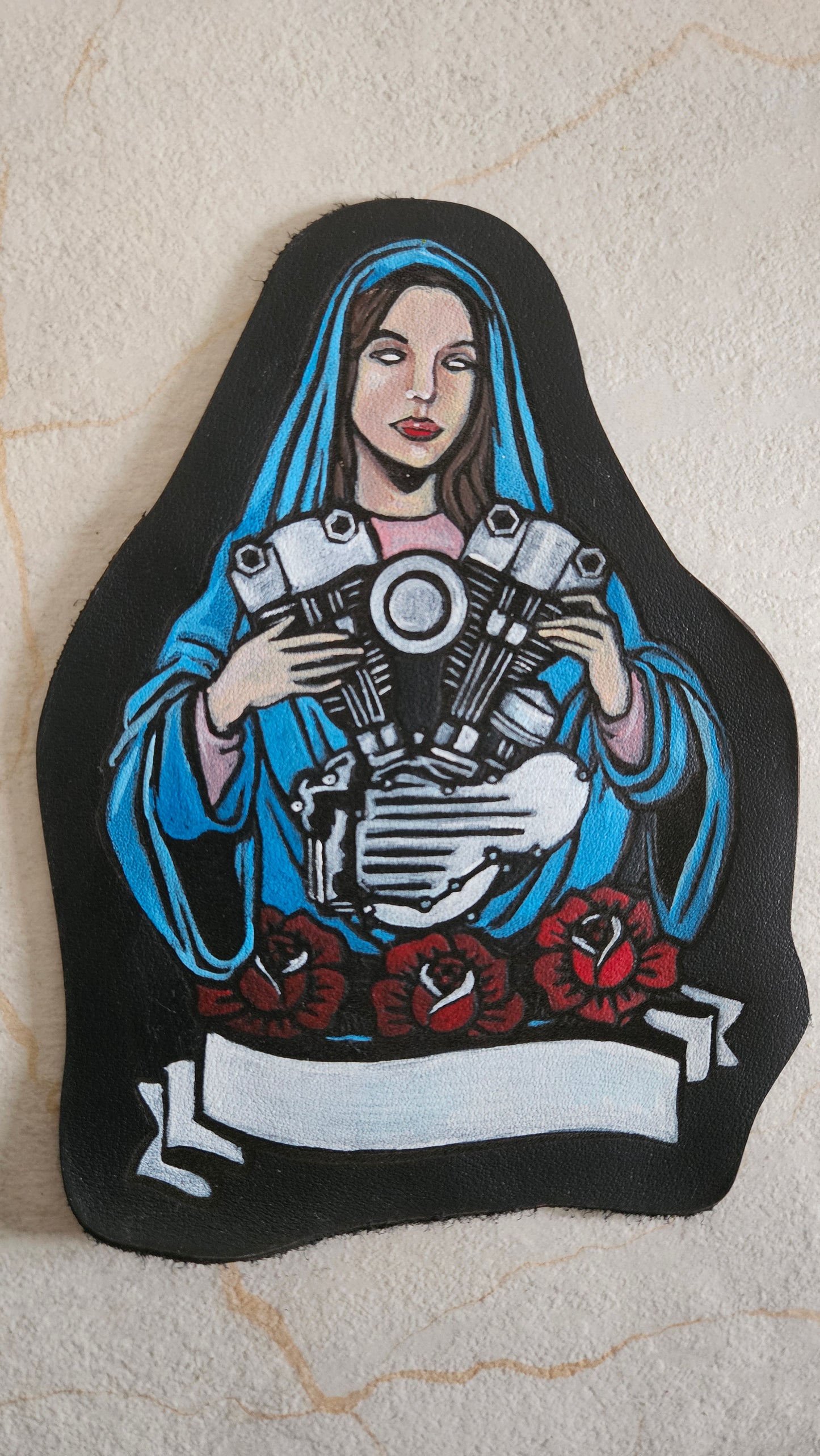 Hand-painted genuine leather patch MADONNA WITH ENGINE