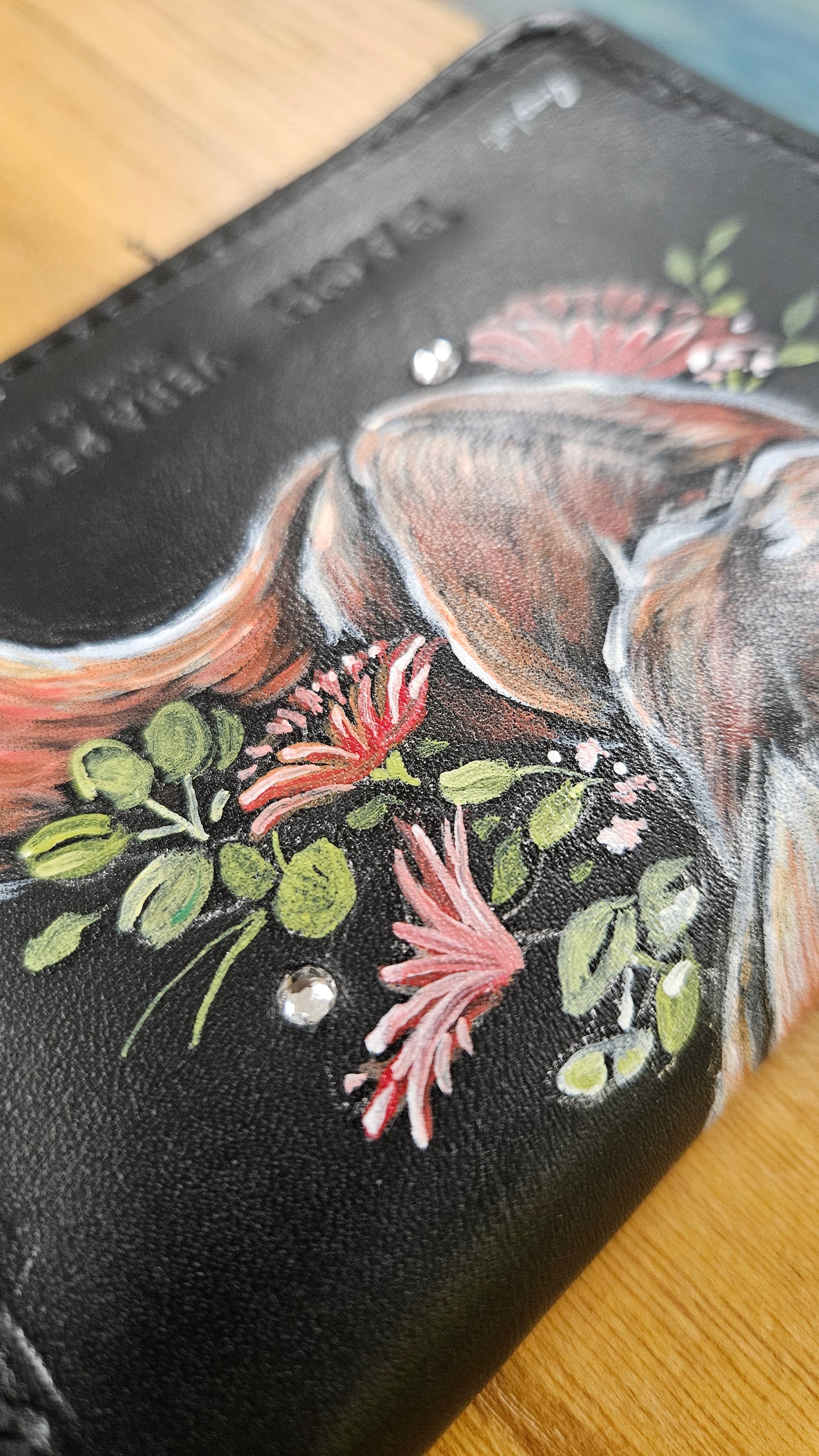 wallet in genuine leather hand painted FOX with SWAROVSKI