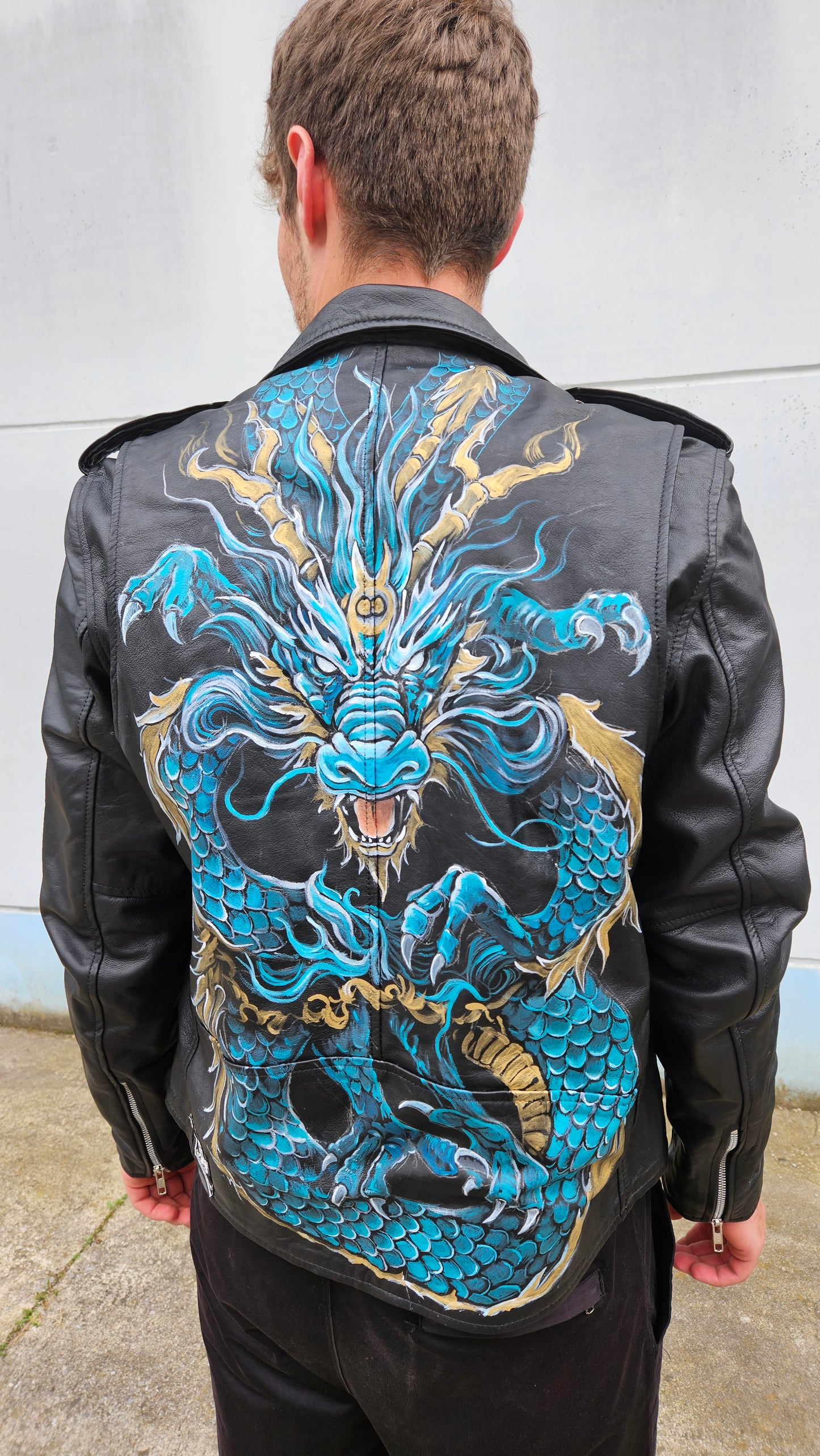 Black genuine leather jacket with hand painted DRAGON size XL