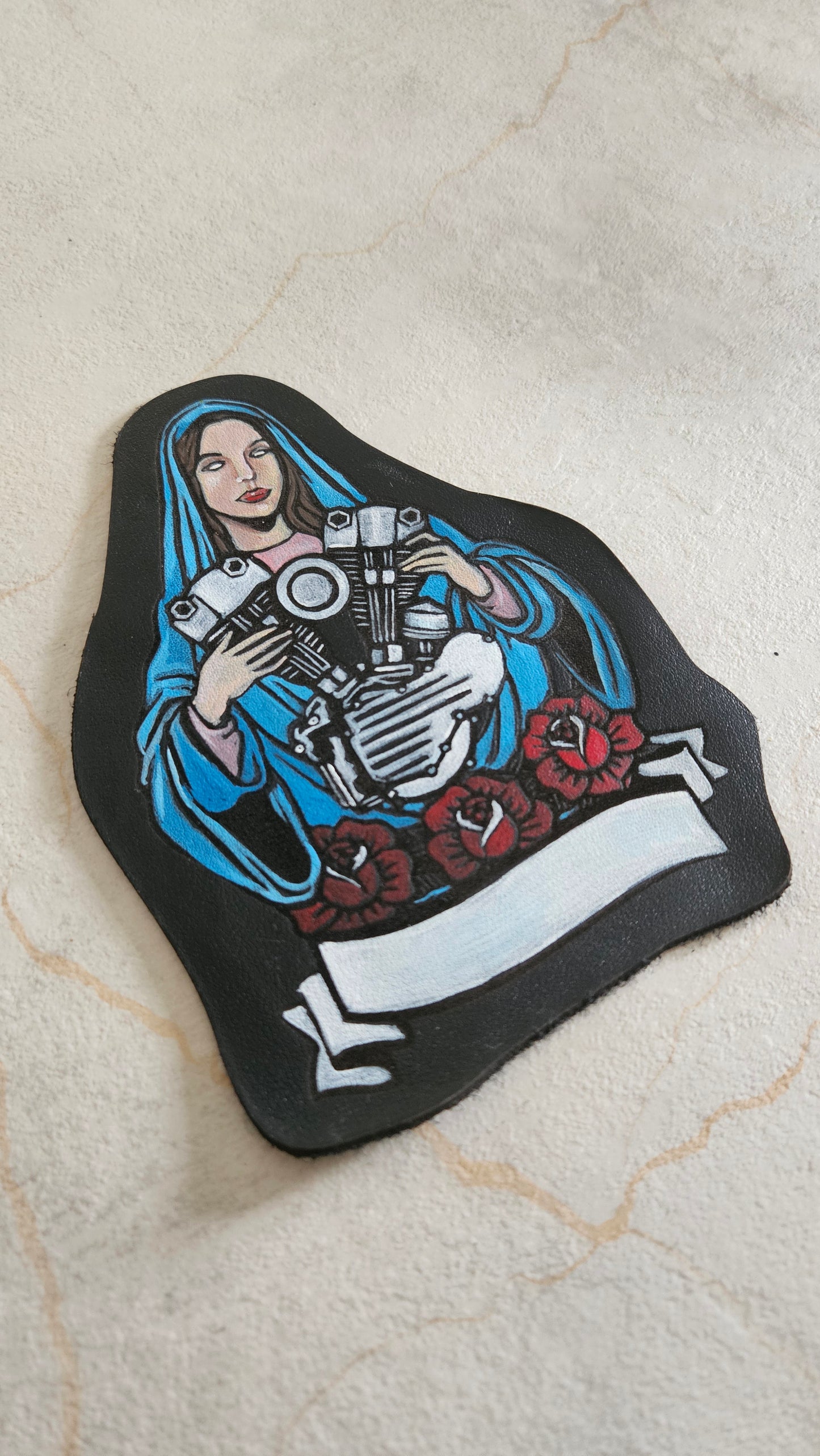 Hand-painted genuine leather patch MADONNA WITH ENGINE