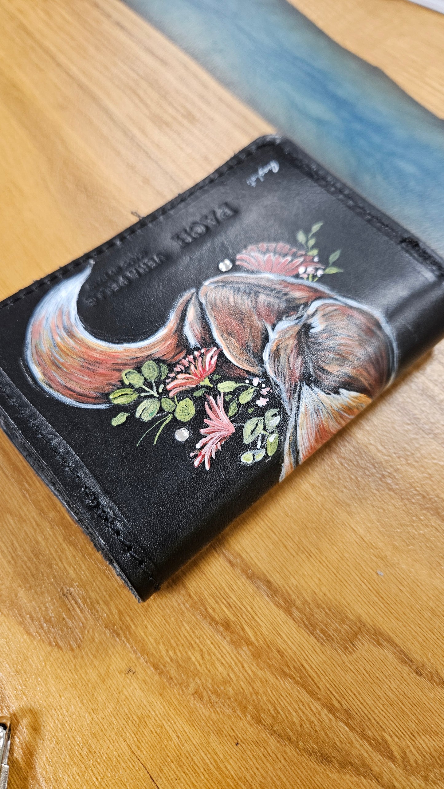 wallet in genuine leather hand painted FOX with SWAROVSKI